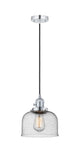 201CSW-PC-G74 Cord Hung 8" Polished Chrome Mini Pendant - Seedy Large Bell Glass - LED Bulb - Dimmensions: 8 x 8 x 10<br>Minimum Height : 13<br>Maximum Height : 131 - Sloped Ceiling Compatible: Yes