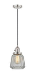 201CSW-PN-G142 Cord Hung 7" Polished Nickel Mini Pendant - Clear Chatham Glass - LED Bulb - Dimmensions: 7 x 7 x 11<br>Minimum Height : 14<br>Maximum Height : 132 - Sloped Ceiling Compatible: Yes