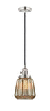 201CSW-PN-G146 Cord Hung 7" Polished Nickel Mini Pendant - Mercury Plated Chatham Glass - LED Bulb - Dimmensions: 7 x 7 x 11<br>Minimum Height : 15.25<br>Maximum Height : 133.25 - Sloped Ceiling Compatible: Yes