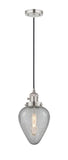 201CSW-PN-G165 Cord Hung 6.5" Polished Nickel Mini Pendant - Clear Crackle Geneseo Glass - LED Bulb - Dimmensions: 6.5 x 6.5 x 12<br>Minimum Height : 16<br>Maximum Height : 134 - Sloped Ceiling Compatible: Yes