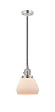 201CSW-PN-G171 Cord Hung 7" Polished Nickel Mini Pendant - Matte White Cased Fulton Glass - LED Bulb - Dimmensions: 7 x 7 x 10<br>Minimum Height : 12.5<br>Maximum Height : 130.5 - Sloped Ceiling Compatible: Yes