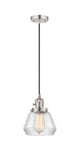 201CSW-PN-G172 Cord Hung 7" Polished Nickel Mini Pendant - Clear Fulton Glass - LED Bulb - Dimmensions: 7 x 7 x 10<br>Minimum Height : 12.5<br>Maximum Height : 130.5 - Sloped Ceiling Compatible: Yes