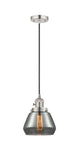 201CSW-PN-G173 Cord Hung 7" Polished Nickel Mini Pendant - Plated Smoke Fulton Glass - LED Bulb - Dimmensions: 7 x 7 x 10<br>Minimum Height : 12.5<br>Maximum Height : 130.5 - Sloped Ceiling Compatible: Yes