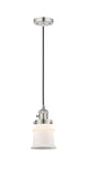 201CSW-PN-G181S Cord Hung 6" Polished Nickel Mini Pendant - Matte White Small Canton Glass - LED Bulb - Dimmensions: 6 x 6 x 10<br>Minimum Height : 12.75<br>Maximum Height : 130.75 - Sloped Ceiling Compatible: Yes