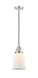 201CSW-PN-G181 Cord Hung 6" Polished Nickel Mini Pendant - Matte White Canton Glass - LED Bulb - Dimmensions: 6 x 6 x 10<br>Minimum Height : 14.5<br>Maximum Height : 132.5 - Sloped Ceiling Compatible: Yes