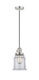 201CSW-PN-G182 Cord Hung 6" Polished Nickel Mini Pendant - Clear Canton Glass - LED Bulb - Dimmensions: 6 x 6 x 10<br>Minimum Height : 14.5<br>Maximum Height : 132.5 - Sloped Ceiling Compatible: Yes