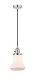 201CSW-PN-G191 Cord Hung 6.25" Polished Nickel Mini Pendant - Matte White Bellmont Glass - LED Bulb - Dimmensions: 6.25 x 6.25 x 10<br>Minimum Height : 13.5<br>Maximum Height : 131.5 - Sloped Ceiling Compatible: Yes