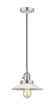 201CSW-PN-G1 Cord Hung 8.5" Polished Nickel Mini Pendant - White Halophane Glass - LED Bulb - Dimmensions: 8.5 x 8.5 x 8<br>Minimum Height : 9.25<br>Maximum Height : 127.25 - Sloped Ceiling Compatible: Yes