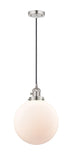 201CSW-PN-G201-10 Cord Hung 10" Polished Nickel Mini Pendant - Matte White Cased Beacon Glass - LED Bulb - Dimmensions: 10 x 10 x 13<br>Minimum Height : 17<br>Maximum Height : 135 - Sloped Ceiling Compatible: Yes