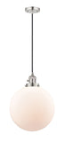 201CSW-PN-G201-12 Cord Hung 12" Polished Nickel Mini Pendant - Matte White Cased Beacon Glass - LED Bulb - Dimmensions: 12 x 12 x 15<br>Minimum Height : 19<br>Maximum Height : 137 - Sloped Ceiling Compatible: Yes
