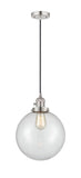 201CSW-PN-G202-10 Cord Hung 10" Polished Nickel Mini Pendant - Clear Beacon Glass - LED Bulb - Dimmensions: 10 x 10 x 13<br>Minimum Height : 17<br>Maximum Height : 135 - Sloped Ceiling Compatible: Yes