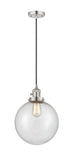 201CSW-PN-G204-10 Cord Hung 10" Polished Nickel Mini Pendant - Seedy Beacon Glass - LED Bulb - Dimmensions: 10 x 10 x 13<br>Minimum Height : 17<br>Maximum Height : 135 - Sloped Ceiling Compatible: Yes