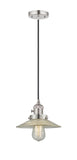 201CSW-PN-G2 Cord Hung 8.5" Polished Nickel Mini Pendant - Clear Halophane Glass - LED Bulb - Dimmensions: 8.5 x 8.5 x 8<br>Minimum Height : 9.25<br>Maximum Height : 127.25 - Sloped Ceiling Compatible: Yes