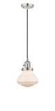 201CSW-PN-G321 Cord Hung 6.75" Polished Nickel Mini Pendant - Matte White Olean Glass - LED Bulb - Dimmensions: 6.75 x 6.75 x 7.75<br>Minimum Height : 12.25<br>Maximum Height : 130.25 - Sloped Ceiling Compatible: Yes