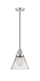 201CSW-PN-G42 Cord Hung 8" Polished Nickel Mini Pendant - Clear Large Cone Glass - LED Bulb - Dimmensions: 8 x 8 x 10<br>Minimum Height : 13.25<br>Maximum Height : 131.25 - Sloped Ceiling Compatible: Yes