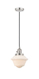 201CSW-PN-G531 Cord Hung 7.5" Polished Nickel Mini Pendant - Matte White Cased Small Oxford Glass - LED Bulb - Dimmensions: 7.5 x 7.5 x 8<br>Minimum Height : 13<br>Maximum Height : 131 - Sloped Ceiling Compatible: Yes