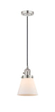 201CSW-PN-G61 Cord Hung 6" Polished Nickel Mini Pendant - Matte White Cased Small Cone Glass - LED Bulb - Dimmensions: 6 x 6 x 8<br>Minimum Height : 13<br>Maximum Height : 131 - Sloped Ceiling Compatible: Yes