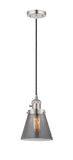 201CSW-PN-G63 Cord Hung 6" Polished Nickel Mini Pendant - Plated Smoke Small Cone Glass - LED Bulb - Dimmensions: 6 x 6 x 8<br>Minimum Height : 13<br>Maximum Height : 131 - Sloped Ceiling Compatible: Yes