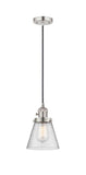 201CSW-PN-G64 Cord Hung 6" Polished Nickel Mini Pendant - Seedy Small Cone Glass - LED Bulb - Dimmensions: 6 x 6 x 8<br>Minimum Height : 13<br>Maximum Height : 131 - Sloped Ceiling Compatible: Yes