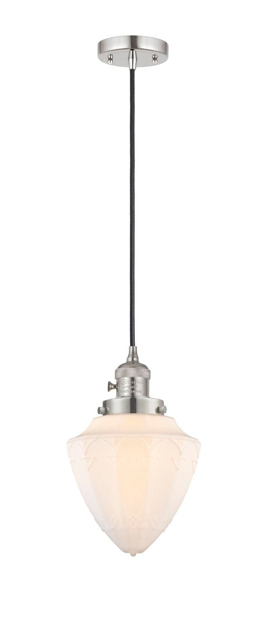 201CSW-PN-G661-7 Cord Hung 7" Polished Nickel Mini Pendant - Matte White Cased Small Bullet Glass - LED Bulb - Dimmensions: 7 x 7 x 14.5<br>Minimum Height : 17.5<br>Maximum Height : 134.5 - Sloped Ceiling Compatible: Yes