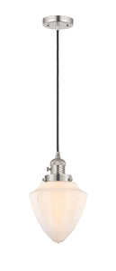 201CSW-PN-G661-7 Cord Hung 7" Polished Nickel Mini Pendant - Matte White Cased Small Bullet Glass - LED Bulb - Dimmensions: 7 x 7 x 14.5<br>Minimum Height : 17.5<br>Maximum Height : 134.5 - Sloped Ceiling Compatible: Yes
