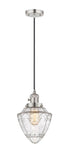 201CSW-PN-G664-7 Cord Hung 7" Polished Nickel Mini Pendant - Seedy Small Bullet Glass - LED Bulb - Dimmensions: 7 x 7 x 14.5<br>Minimum Height : 17.5<br>Maximum Height : 134.5 - Sloped Ceiling Compatible: Yes