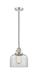 201CSW-PN-G72 Cord Hung 8" Polished Nickel Mini Pendant - Clear Large Bell Glass - LED Bulb - Dimmensions: 8 x 8 x 10<br>Minimum Height : 13<br>Maximum Height : 131 - Sloped Ceiling Compatible: Yes