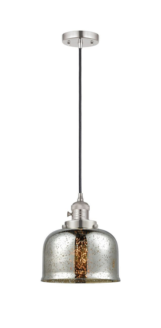 201CSW-PN-G78 Cord Hung 8" Polished Nickel Mini Pendant - Silver Plated Mercury Large Bell Glass - LED Bulb - Dimmensions: 8 x 8 x 10<br>Minimum Height : 13<br>Maximum Height : 131 - Sloped Ceiling Compatible: Yes