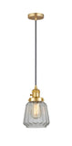 201CSW-SG-G142 Cord Hung 7" Satin Gold Mini Pendant - Clear Chatham Glass - LED Bulb - Dimmensions: 7 x 7 x 11<br>Minimum Height : 14<br>Maximum Height : 132 - Sloped Ceiling Compatible: Yes