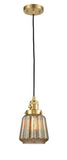 201CSW-SG-G146 Cord Hung 7" Satin Gold Mini Pendant - Mercury Plated Chatham Glass - LED Bulb - Dimmensions: 7 x 7 x 11<br>Minimum Height : 15.25<br>Maximum Height : 133.25 - Sloped Ceiling Compatible: Yes
