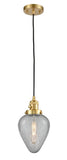 201CSW-SG-G165 Cord Hung 6.5" Satin Gold Mini Pendant - Clear Crackle Geneseo Glass - LED Bulb - Dimmensions: 6.5 x 6.5 x 12<br>Minimum Height : 16<br>Maximum Height : 134 - Sloped Ceiling Compatible: Yes