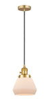 201CSW-SG-G171 Cord Hung 7" Satin Gold Mini Pendant - Matte White Cased Fulton Glass - LED Bulb - Dimmensions: 7 x 7 x 10<br>Minimum Height : 12.5<br>Maximum Height : 130.5 - Sloped Ceiling Compatible: Yes