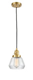 201CSW-SG-G172 Cord Hung 7" Satin Gold Mini Pendant - Clear Fulton Glass - LED Bulb - Dimmensions: 7 x 7 x 10<br>Minimum Height : 12.5<br>Maximum Height : 130.5 - Sloped Ceiling Compatible: Yes
