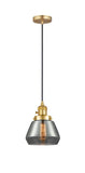 201CSW-SG-G173 Cord Hung 7" Satin Gold Mini Pendant - Plated Smoke Fulton Glass - LED Bulb - Dimmensions: 7 x 7 x 10<br>Minimum Height : 12.5<br>Maximum Height : 130.5 - Sloped Ceiling Compatible: Yes