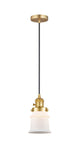 201CSW-SG-G181S Cord Hung 6" Satin Gold Mini Pendant - Matte White Small Canton Glass - LED Bulb - Dimmensions: 6 x 6 x 10<br>Minimum Height : 12.75<br>Maximum Height : 130.75 - Sloped Ceiling Compatible: Yes