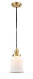 201CSW-SG-G181 Cord Hung 6" Satin Gold Mini Pendant - Matte White Canton Glass - LED Bulb - Dimmensions: 6 x 6 x 10<br>Minimum Height : 14.5<br>Maximum Height : 132.5 - Sloped Ceiling Compatible: Yes