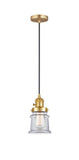 201CSW-SG-G182S Cord Hung 6" Satin Gold Mini Pendant - Clear Small Canton Glass - LED Bulb - Dimmensions: 6 x 6 x 10<br>Minimum Height : 12.75<br>Maximum Height : 130.75 - Sloped Ceiling Compatible: Yes