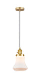 201CSW-SG-G191 Cord Hung 6.25" Satin Gold Mini Pendant - Matte White Bellmont Glass - LED Bulb - Dimmensions: 6.25 x 6.25 x 10<br>Minimum Height : 13.5<br>Maximum Height : 131.5 - Sloped Ceiling Compatible: Yes