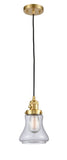 201CSW-SG-G192 Cord Hung 6.25" Satin Gold Mini Pendant - Clear Bellmont Glass - LED Bulb - Dimmensions: 6.25 x 6.25 x 10<br>Minimum Height : 13.5<br>Maximum Height : 131.5 - Sloped Ceiling Compatible: Yes