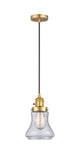 201CSW-SG-G194 Cord Hung 6.25" Satin Gold Mini Pendant - Seedy Bellmont Glass - LED Bulb - Dimmensions: 6.25 x 6.25 x 10<br>Minimum Height : 13.5<br>Maximum Height : 131.5 - Sloped Ceiling Compatible: Yes