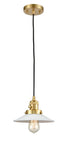 201CSW-SG-G1 Cord Hung 8.5" Satin Gold Mini Pendant - White Halophane Glass - LED Bulb - Dimmensions: 8.5 x 8.5 x 8<br>Minimum Height : 9.25<br>Maximum Height : 127.25 - Sloped Ceiling Compatible: Yes