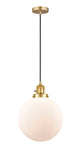 201CSW-SG-G201-10 Cord Hung 10" Satin Gold Mini Pendant - Matte White Cased Beacon Glass - LED Bulb - Dimmensions: 10 x 10 x 13<br>Minimum Height : 17<br>Maximum Height : 135 - Sloped Ceiling Compatible: Yes