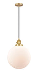 201CSW-SG-G201-12 Cord Hung 12" Satin Gold Mini Pendant - Matte White Cased Beacon Glass - LED Bulb - Dimmensions: 12 x 12 x 15<br>Minimum Height : 19<br>Maximum Height : 137 - Sloped Ceiling Compatible: Yes