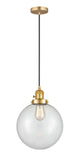 201CSW-SG-G202-10 Cord Hung 10" Satin Gold Mini Pendant - Clear Beacon Glass - LED Bulb - Dimmensions: 10 x 10 x 13<br>Minimum Height : 17<br>Maximum Height : 135 - Sloped Ceiling Compatible: Yes