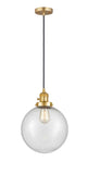 201CSW-SG-G204-10 Cord Hung 10" Satin Gold Mini Pendant - Seedy Beacon Glass - LED Bulb - Dimmensions: 10 x 10 x 13<br>Minimum Height : 17<br>Maximum Height : 135 - Sloped Ceiling Compatible: Yes