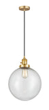 201CSW-SG-G204-12 Cord Hung 12" Satin Gold Mini Pendant - Seedy Beacon Glass - LED Bulb - Dimmensions: 12 x 12 x 15<br>Minimum Height : 19<br>Maximum Height : 137 - Sloped Ceiling Compatible: Yes
