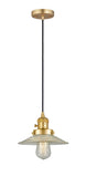 201CSW-SG-G2 Cord Hung 8.5" Satin Gold Mini Pendant - Clear Halophane Glass - LED Bulb - Dimmensions: 8.5 x 8.5 x 8<br>Minimum Height : 9.25<br>Maximum Height : 127.25 - Sloped Ceiling Compatible: Yes