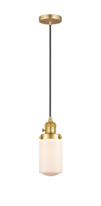 201CSW-SG-G311 Cord Hung 4.5" Satin Gold Mini Pendant - Matte White Cased Dover Glass - LED Bulb - Dimmensions: 4.5 x 4.5 x 10.25<br>Minimum Height : 13.75<br>Maximum Height : 131.75 - Sloped Ceiling Compatible: Yes