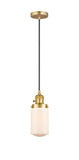 201CSW-SG-G311 Cord Hung 4.5" Satin Gold Mini Pendant - Matte White Cased Dover Glass - LED Bulb - Dimmensions: 4.5 x 4.5 x 10.25<br>Minimum Height : 13.75<br>Maximum Height : 131.75 - Sloped Ceiling Compatible: Yes