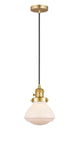 201CSW-SG-G321 Cord Hung 6.75" Satin Gold Mini Pendant - Matte White Olean Glass - LED Bulb - Dimmensions: 6.75 x 6.75 x 7.75<br>Minimum Height : 12.25<br>Maximum Height : 130.25 - Sloped Ceiling Compatible: Yes